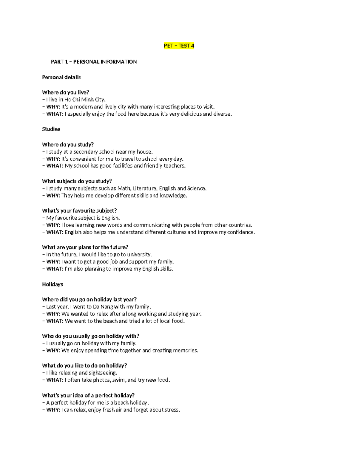 PET Speaking Test 4 - Personal Information & Discussion (DF1T82) - Studocu