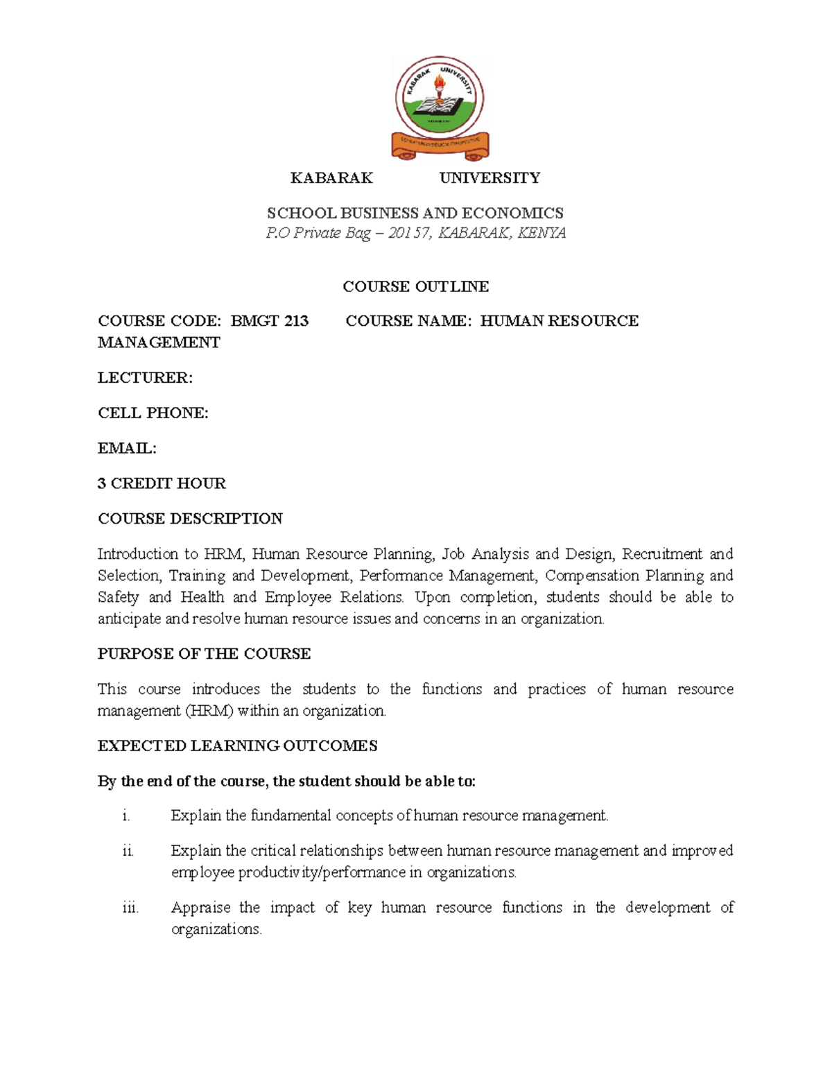 BMGT 213 Course Outline: Human Resource Management Overview - Studocu