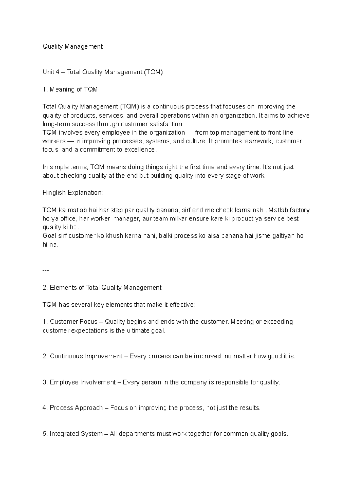 Quality Management Unit 4: Understanding Total Quality Management (TQM ...