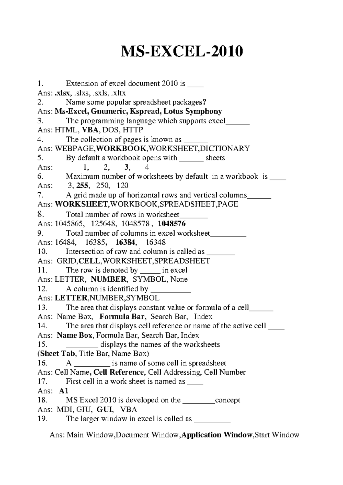 Excel Viva Questions - XCEL 2010 Study Guide - Studocu