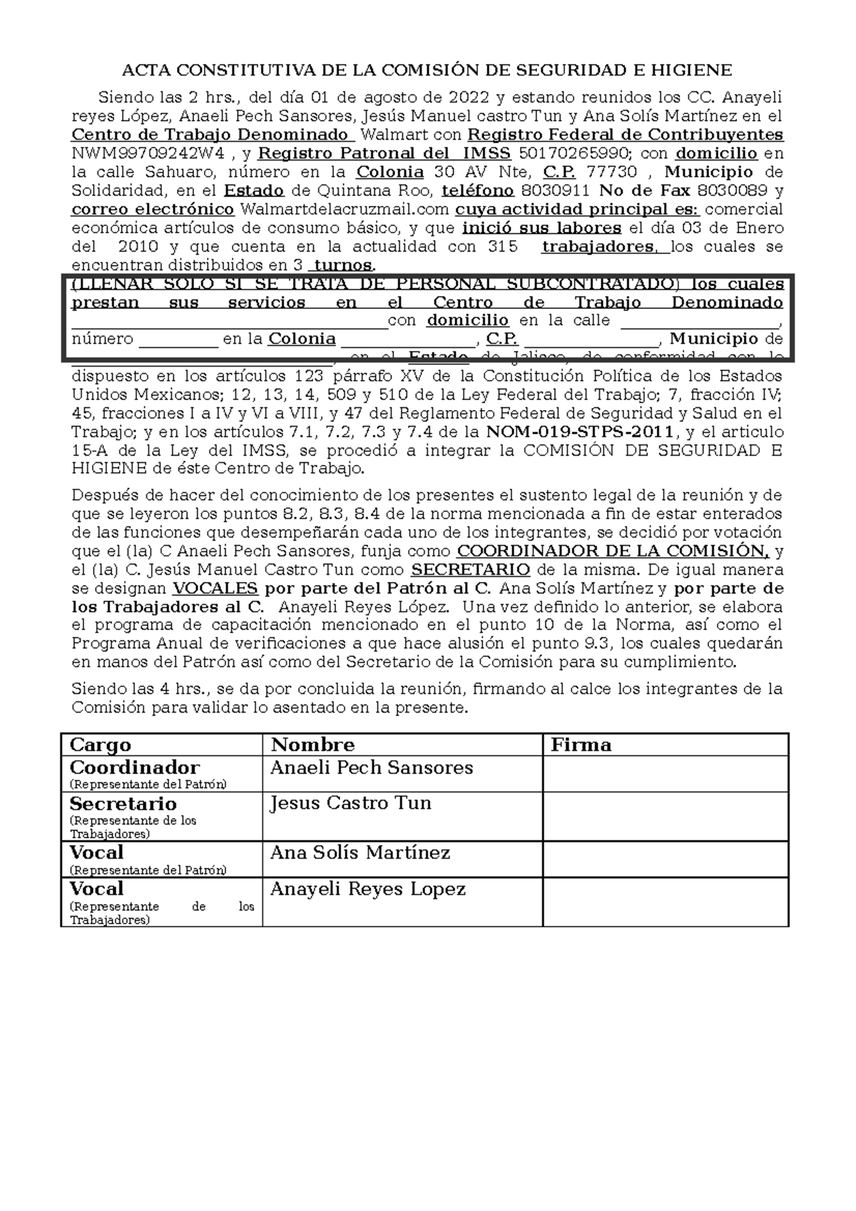 Acta constitutiva seguridad e higiene - ACTA CONSTITUTIVA DE LA ...