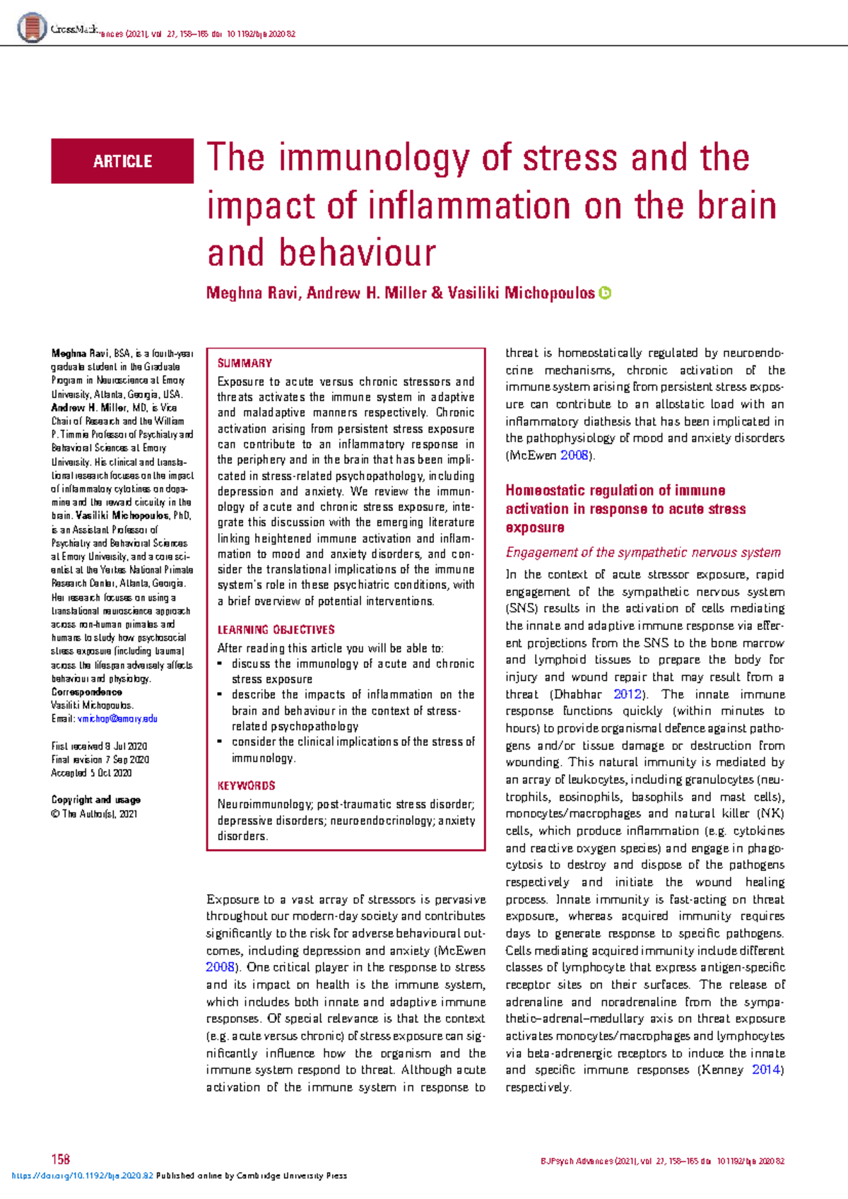 BJPsych Advances (2021) - Immunology of Stress & Inflammation Effects ...