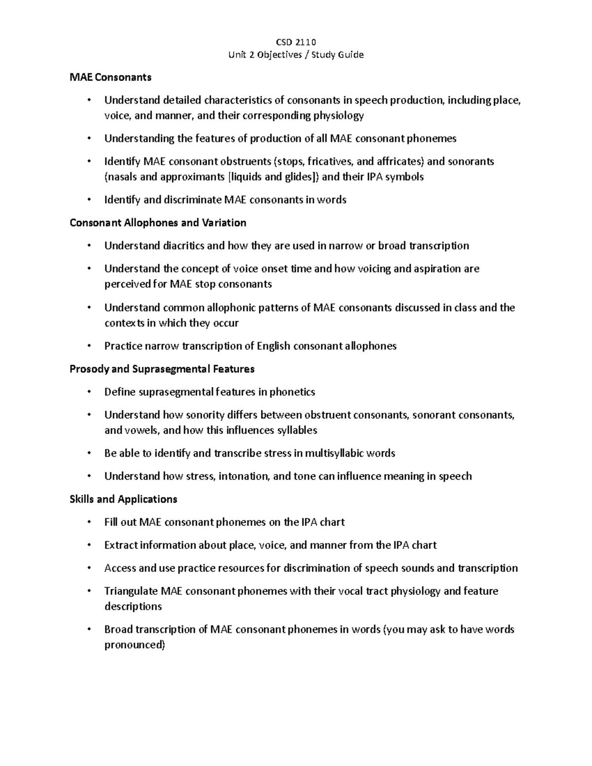 CSD 2110 Unit 2 Study Guide: MAE Consonants & Phonetic Features - Studocu