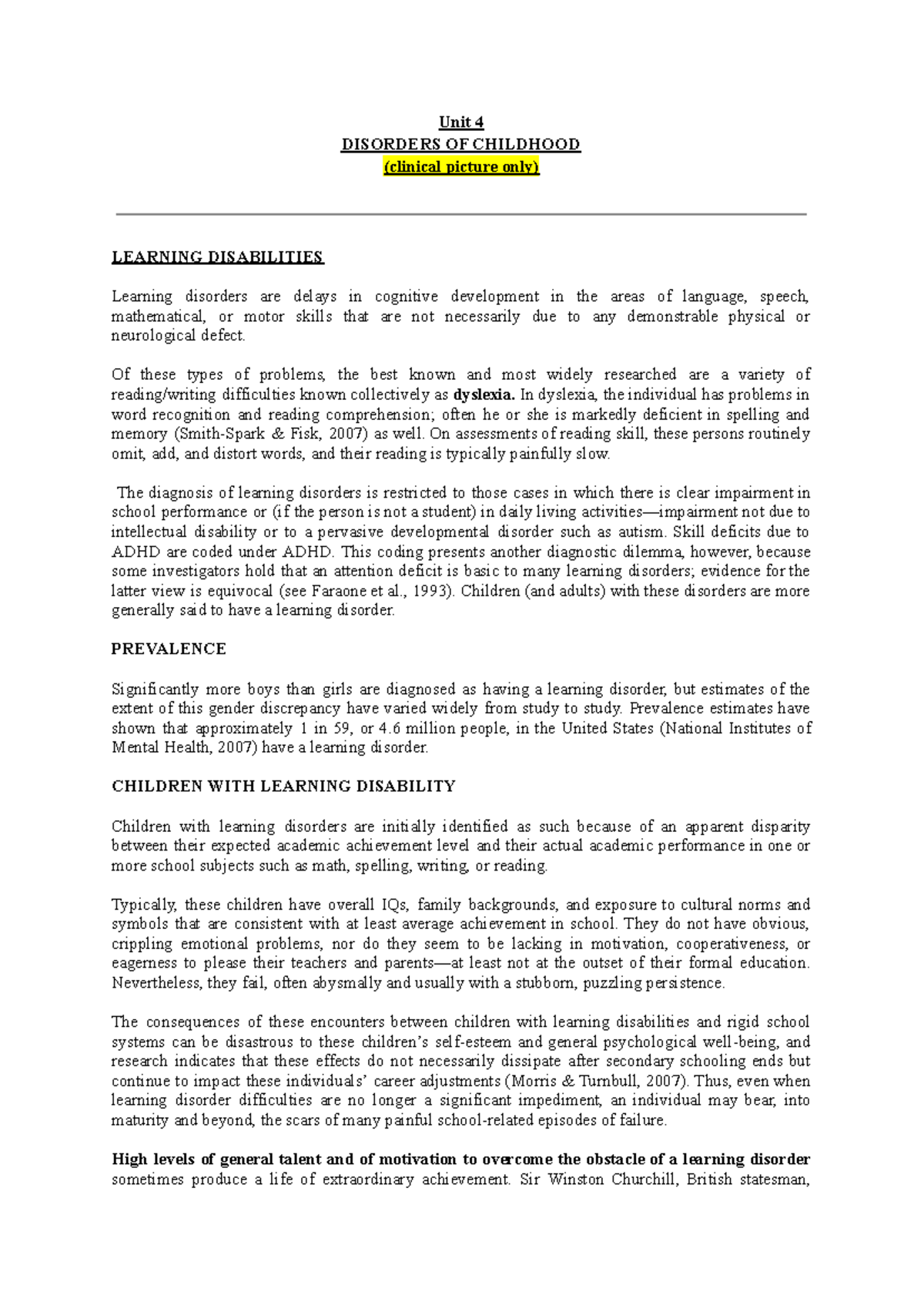 Unit 4: Disorders of childhood - Learning disabilities and ADHD notes ...