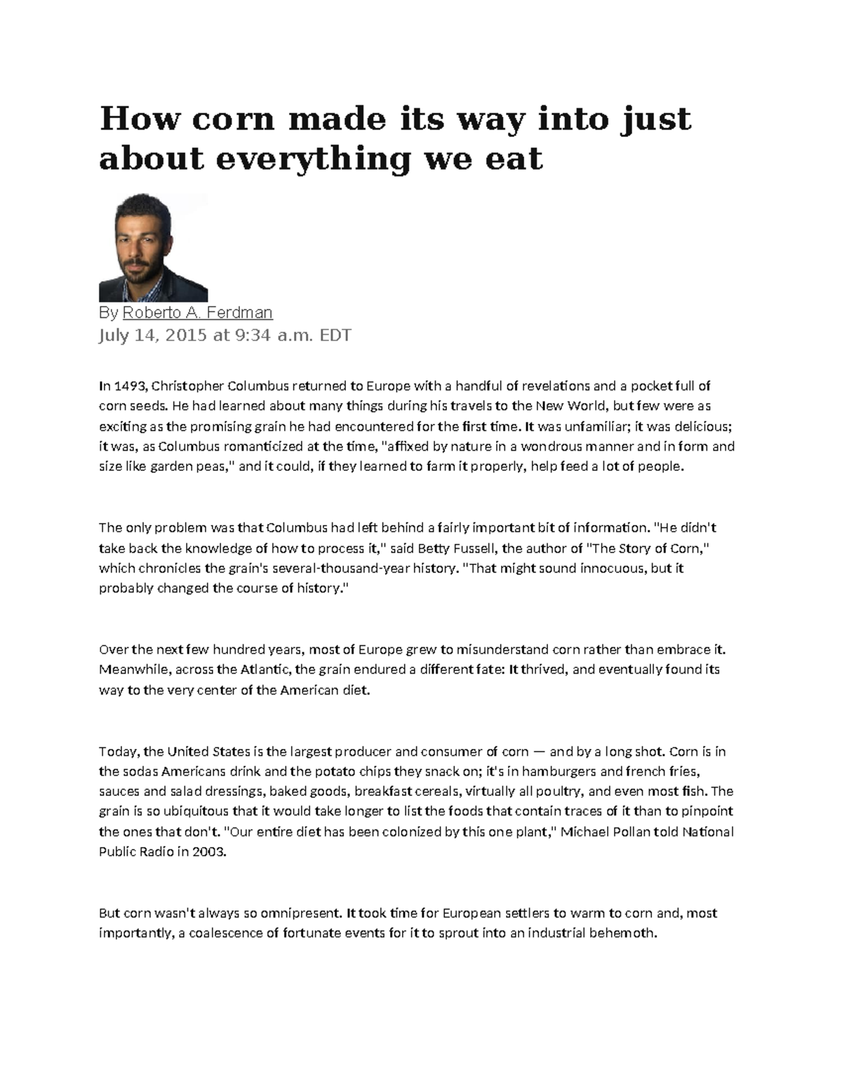 Corn's Journey: From Columbus to America's Diet - Corn+Story - Studocu