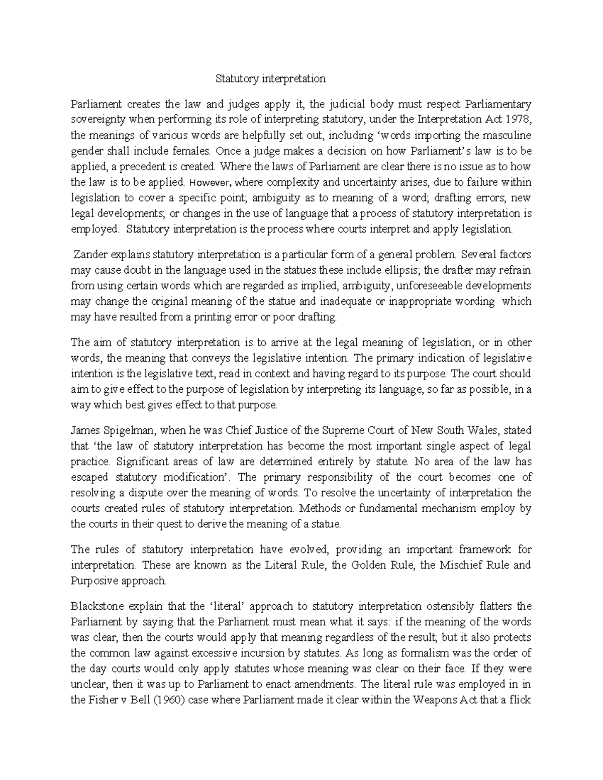 Statutory Interpretation Essay - Draft 1 Analysis and Insights - Studocu