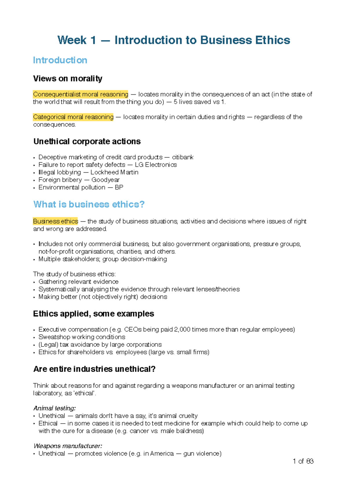 Business Ethics (BUS 101) - Comprehensive Lecture Notes Summary - Studocu