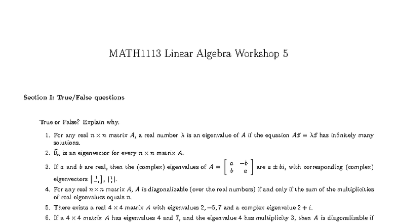 MATH1113 Linear Algebra Workshop 5: True or False Questions Explained ...