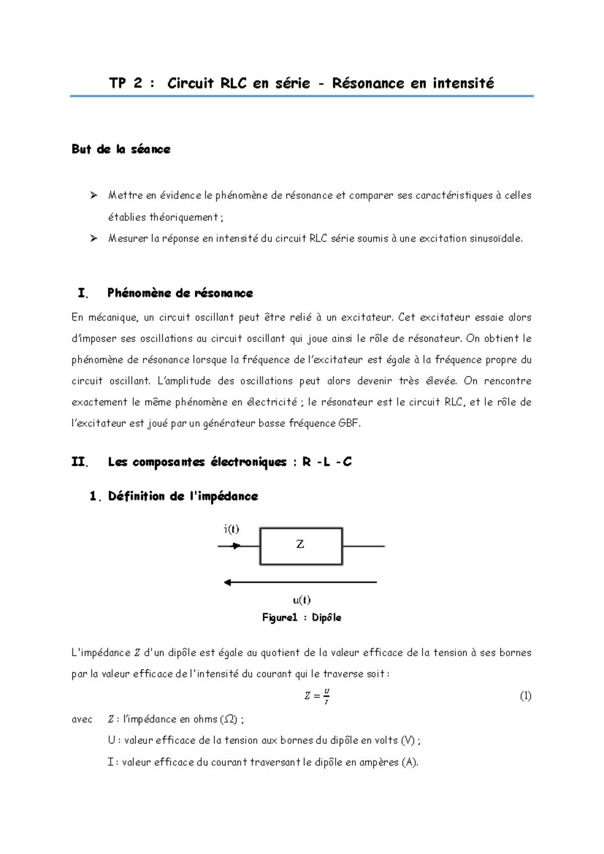 TP 2 - Résonance dans un Circuit RLC en Série et ses Caractéristiques ...