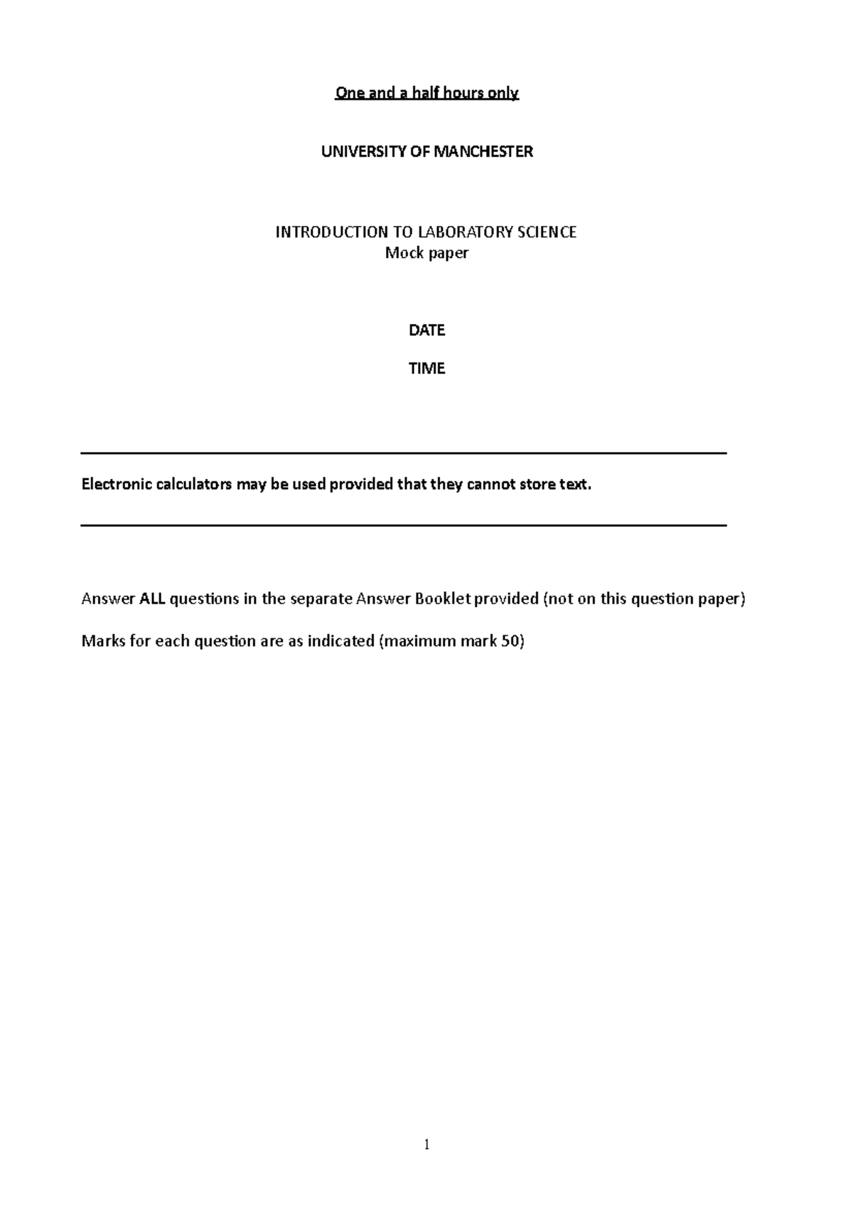 Mock Exam Paper 1: Jan 2016 - Introduction to Lab Science (Lab Sci 101 ...
