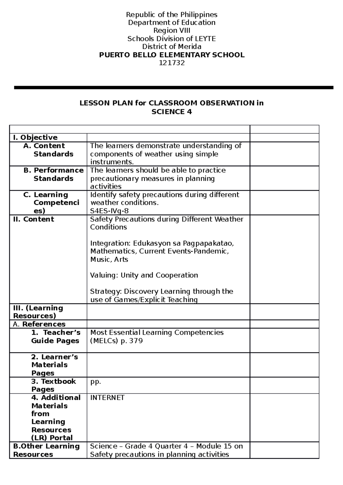 COT Lesson Plan: Safety Precautions in Weather for Science 4 - Studocu