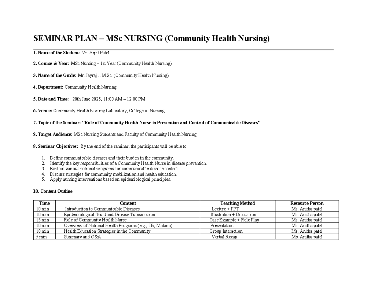 MSc Nursing Seminar Plan: Role of Community Health Nurse in Disease ...