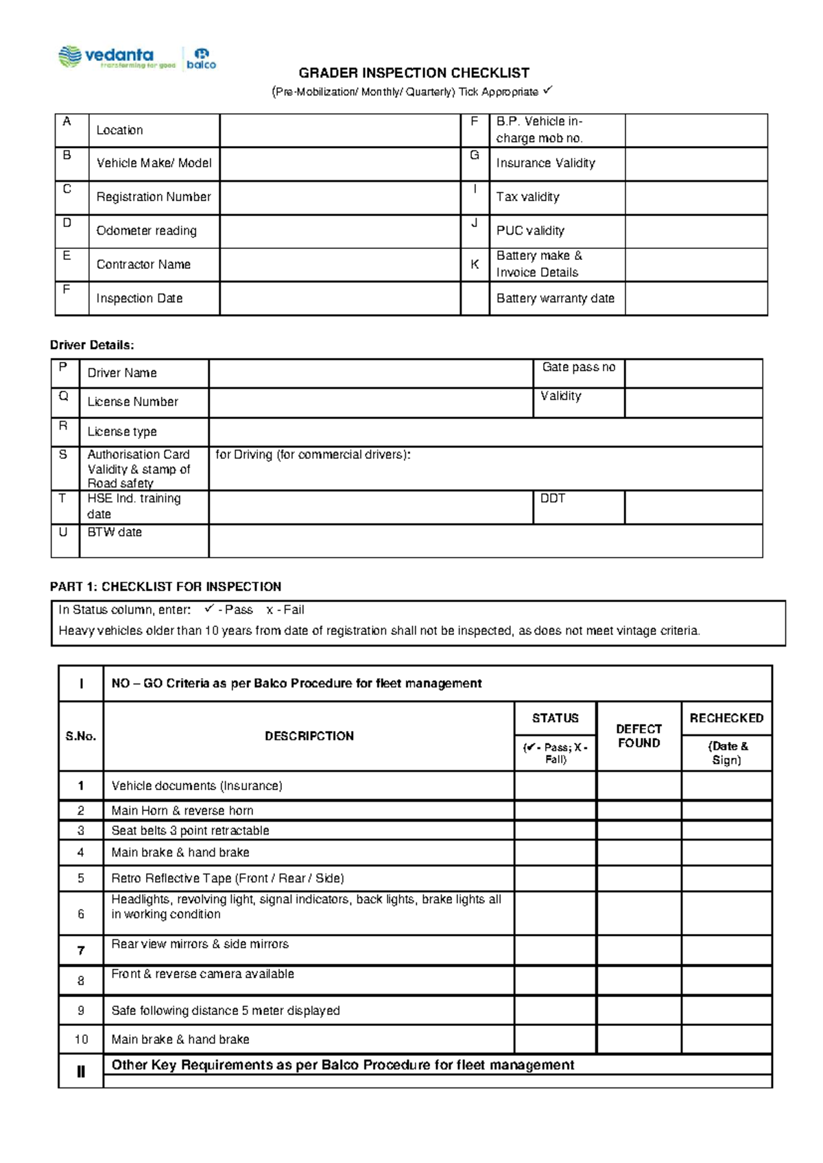 GRADER INSPECTION CHECKLIST (Quarterly) for Vehicle Compliance - Studocu