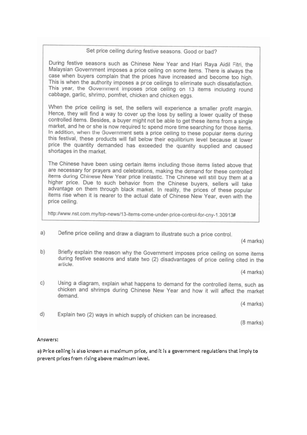 Tutorial CASE Study Micro - Answers: a) Price ceiling is also known as ...