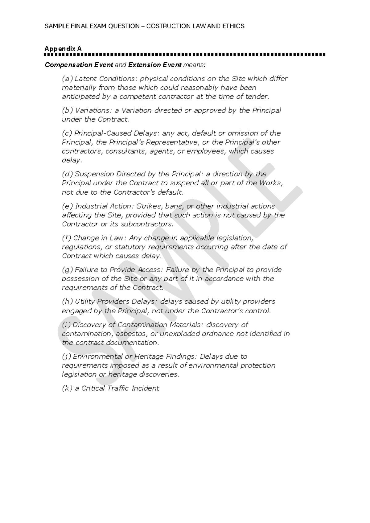 SAMPLE FINAL EXAM QUESTIONS: CONSTRUCTION LAW AND ETHICS - Studocu
