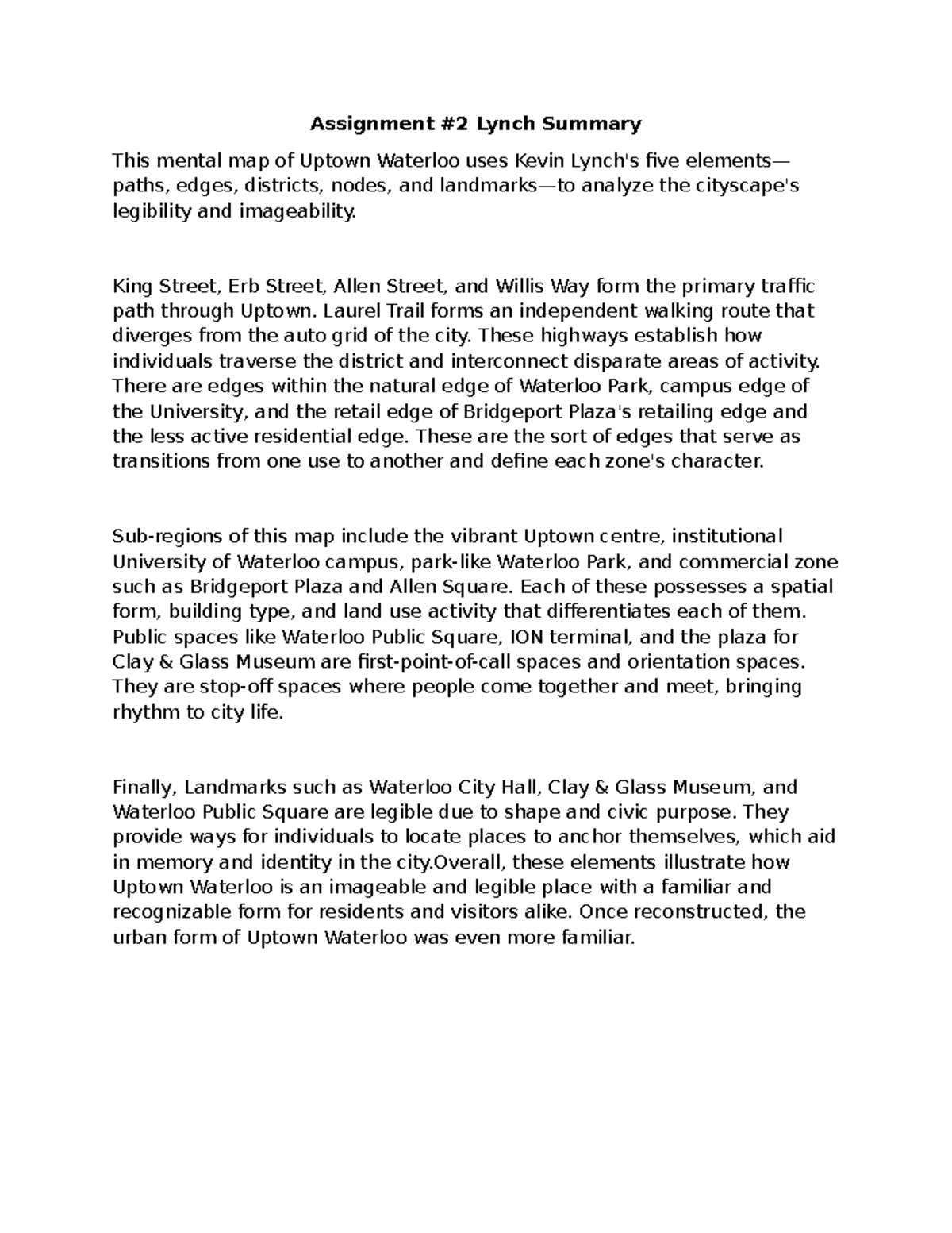 Assignment 2: Lynch's Mental Map Analysis of Uptown Waterloo - Studocu