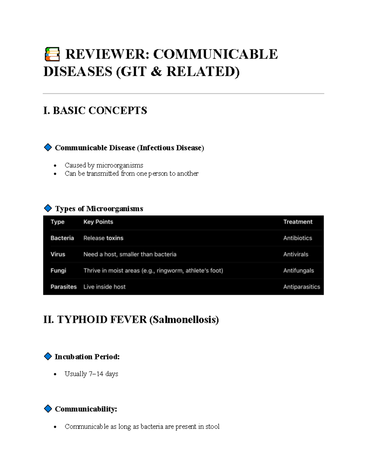 REVIEWER: COMMUNICABLE DISEASES (GIT RELATED) - KEY CONCEPTS ...