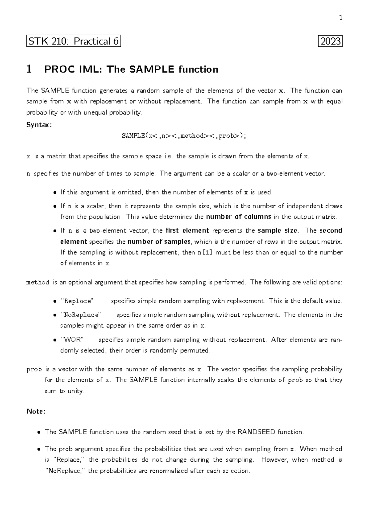 1 STK 210: Practical 6 - The SAMPLE Function in PROC IML - Studocu image.