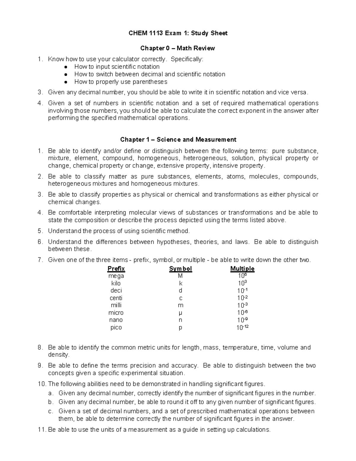 CHEM 1113 Exam 1: Study Sheet - Studocu