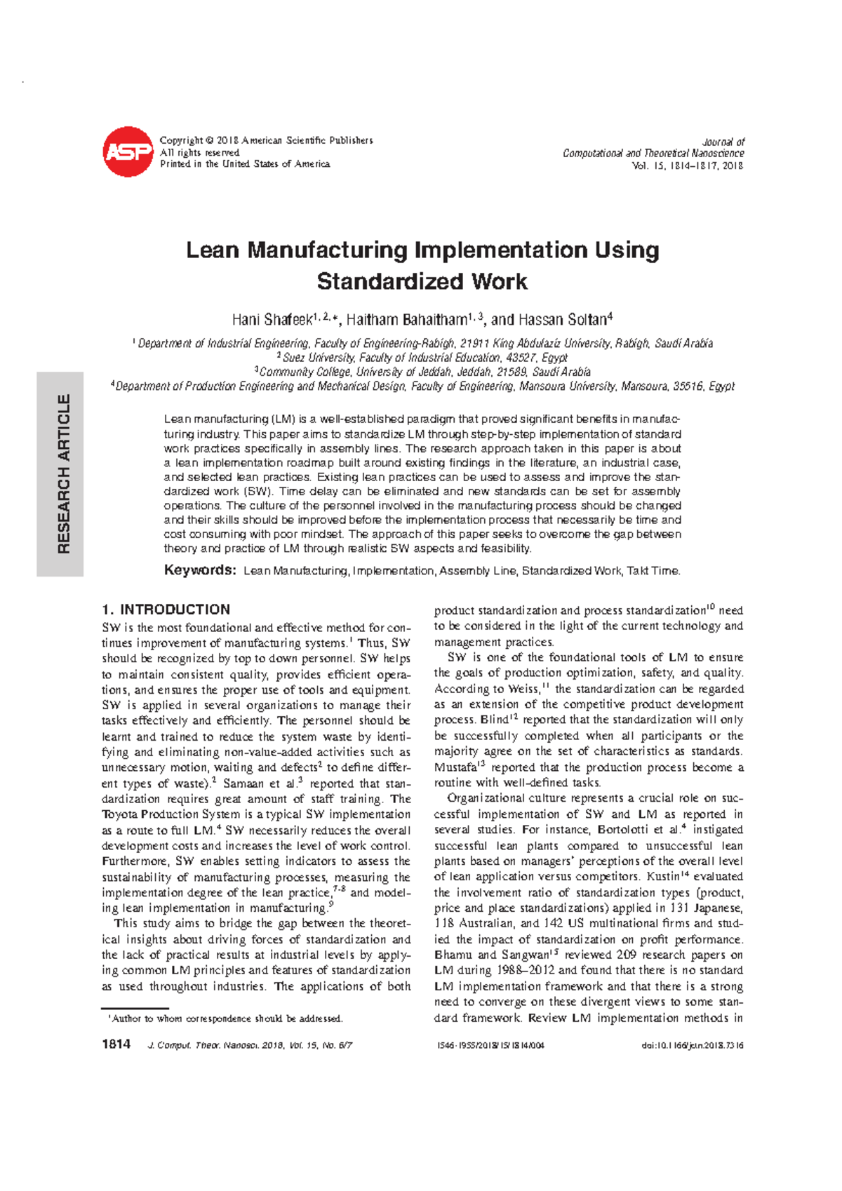Lean Manufacturing Implementation Using Standardized Work: A Case Study ...