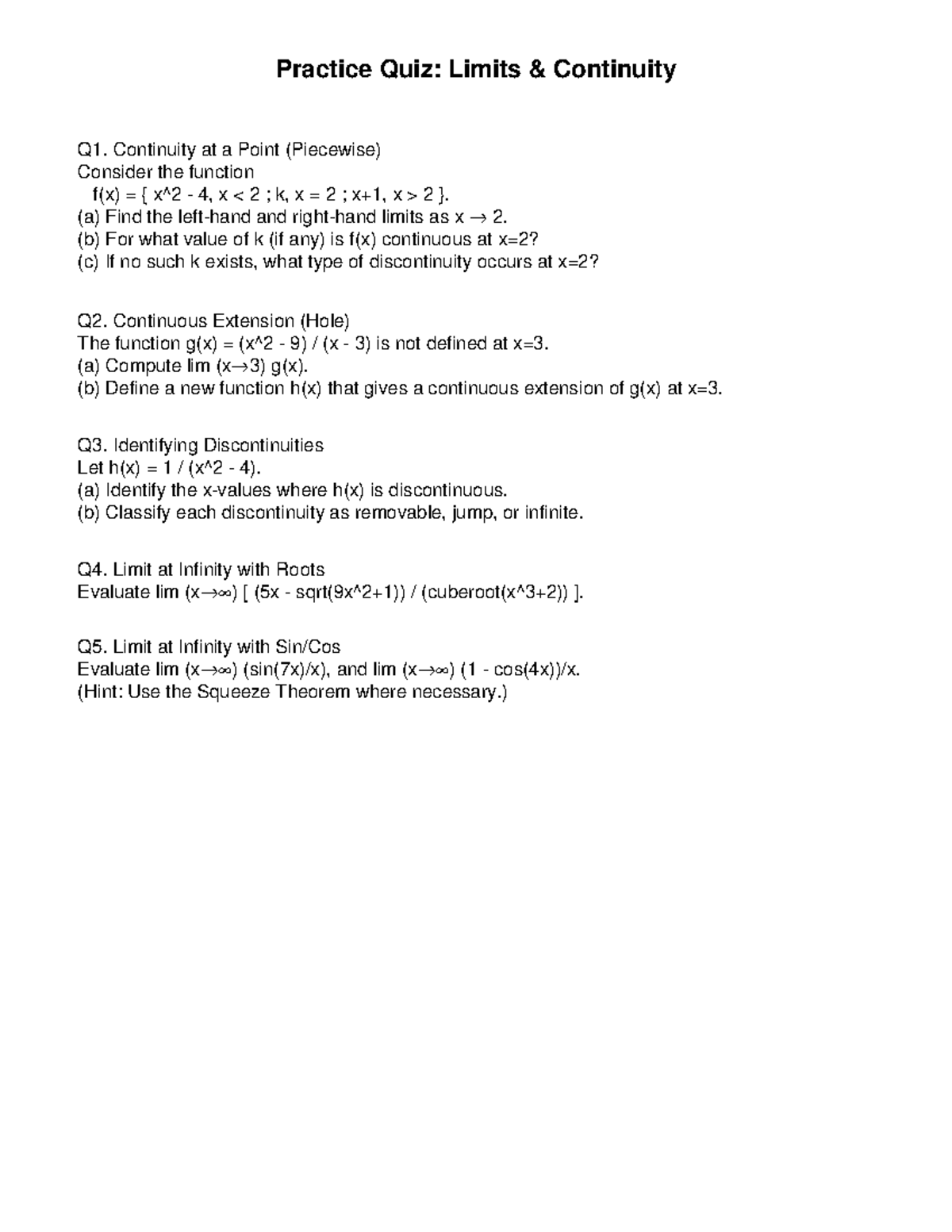 Limits and Continuity Practice Quiz: Key Concepts and Problems - Studocu