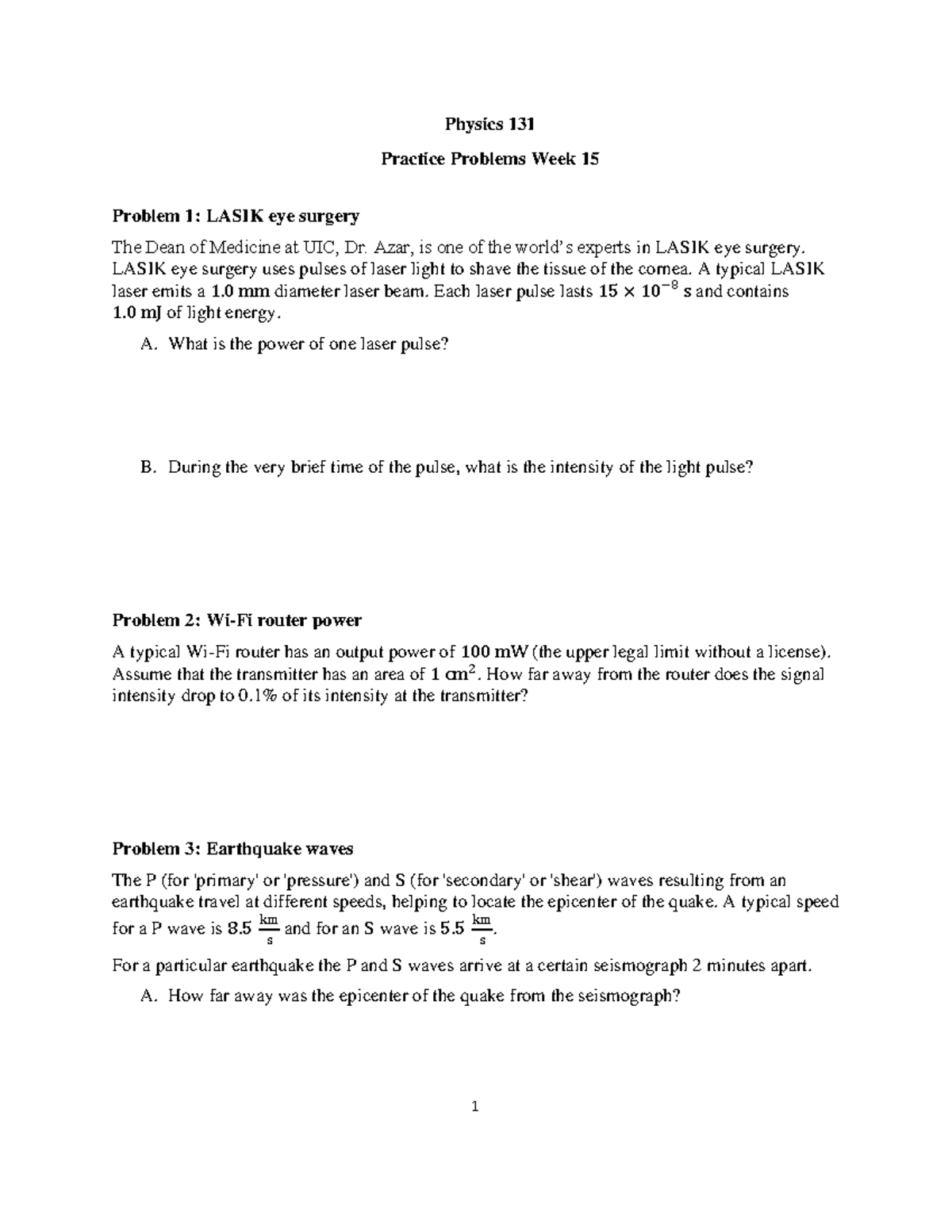 Physics 131 Week 15 Practice Problems: LASIK, Waves, and Sound - Studocu
