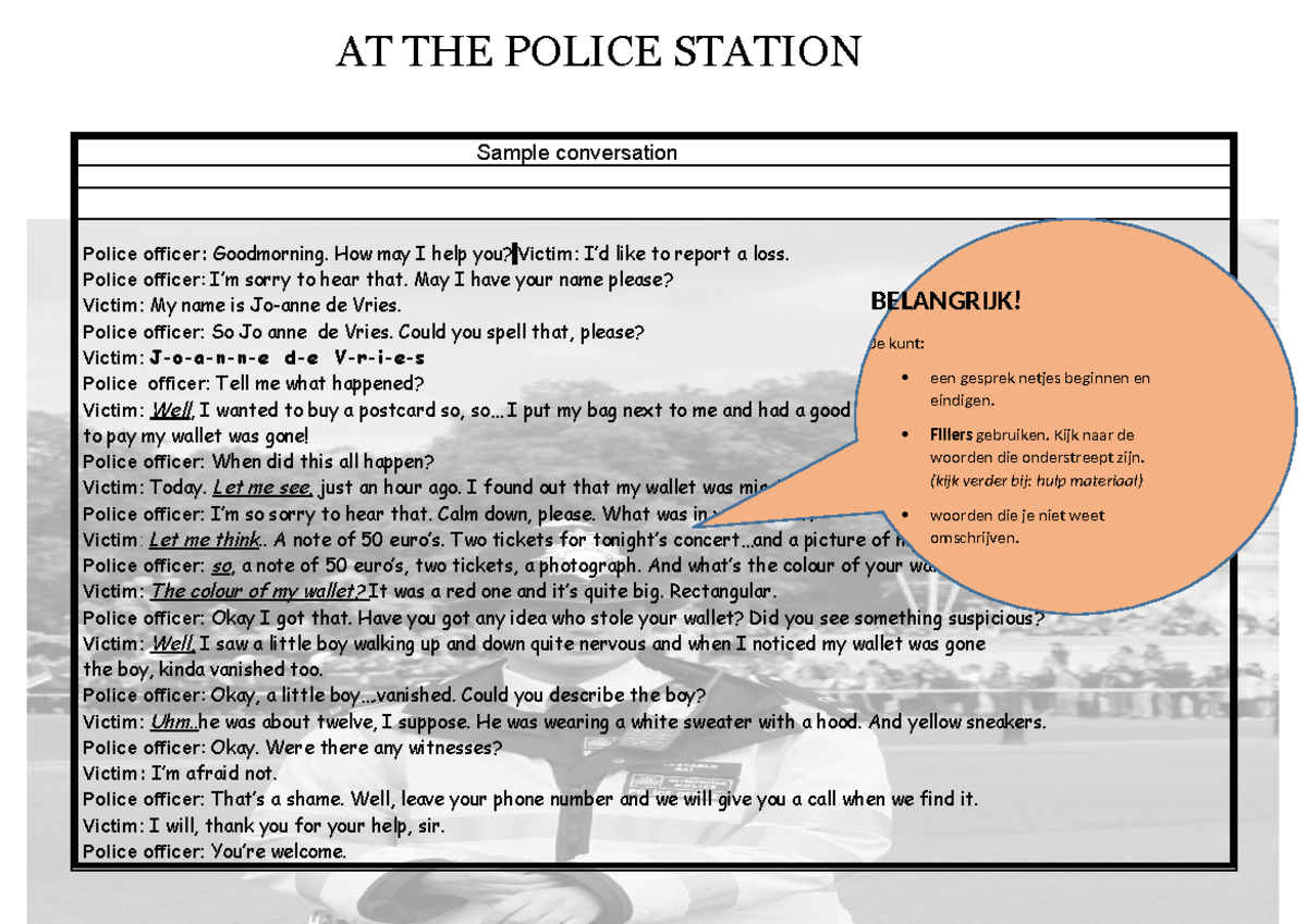 AT THE POLICE STATION: Sample Conversations and Situations - Studeersnel
