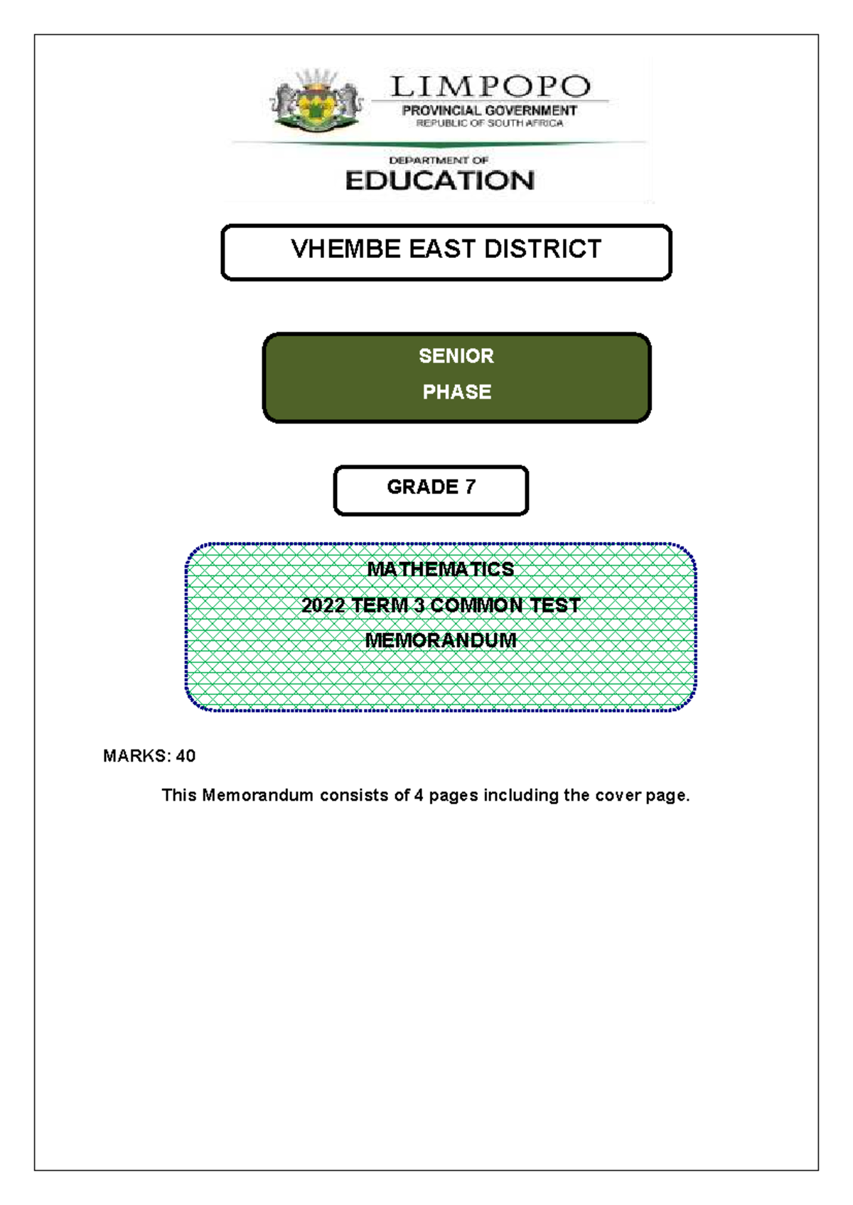 2022 Term 3 Grade 7 Mathematics Common Test Memo Vhembe East - Studocu
