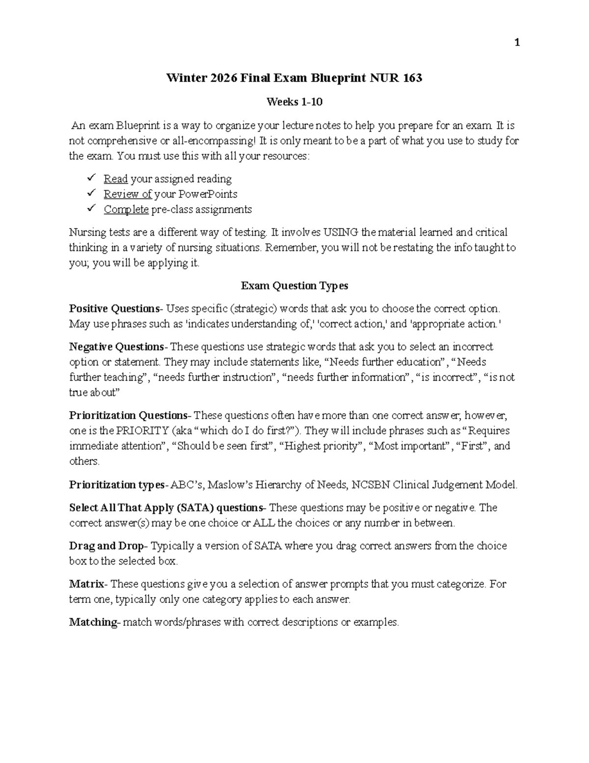 NUR 163 Winter 2026 Final Exam Blueprint and Study Guide - Studocu