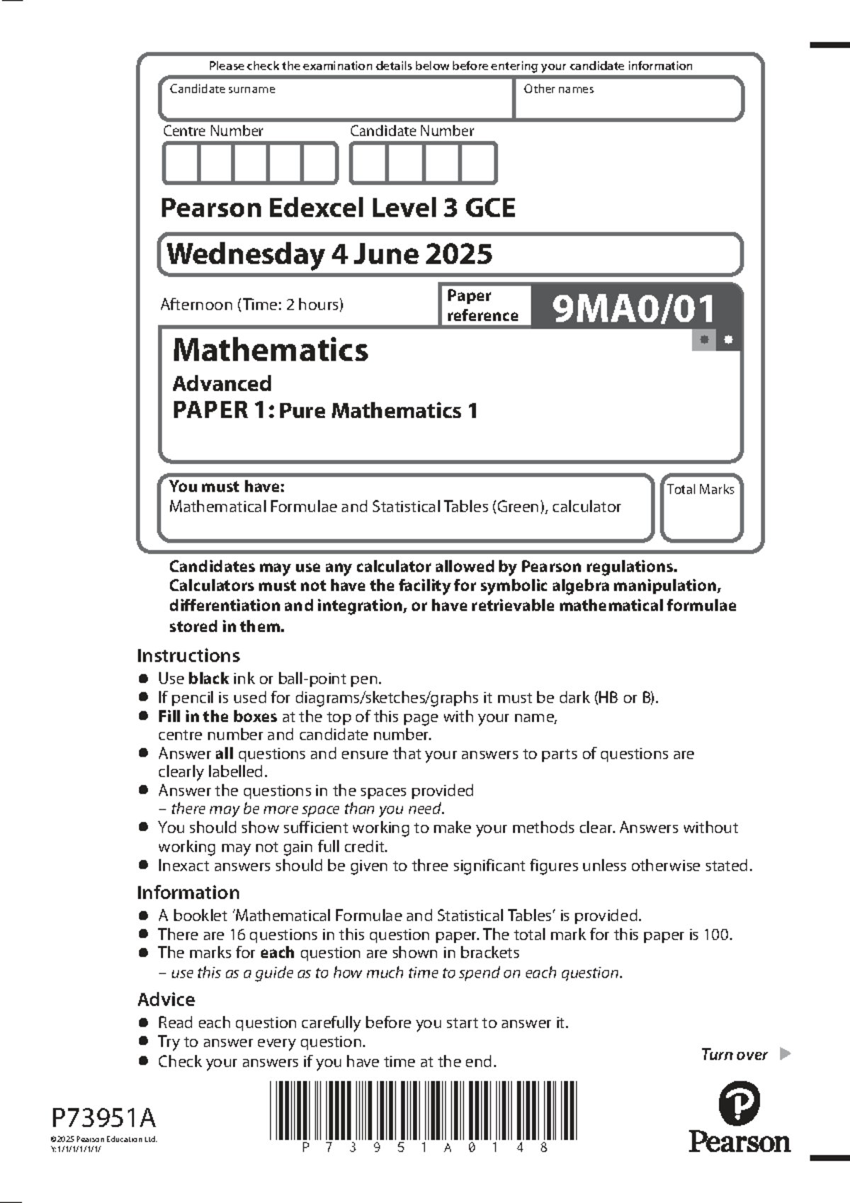 Edexcel Level 3 GCE Maths Paper 1: Pure Mathematics Exam Details 2025 ...
