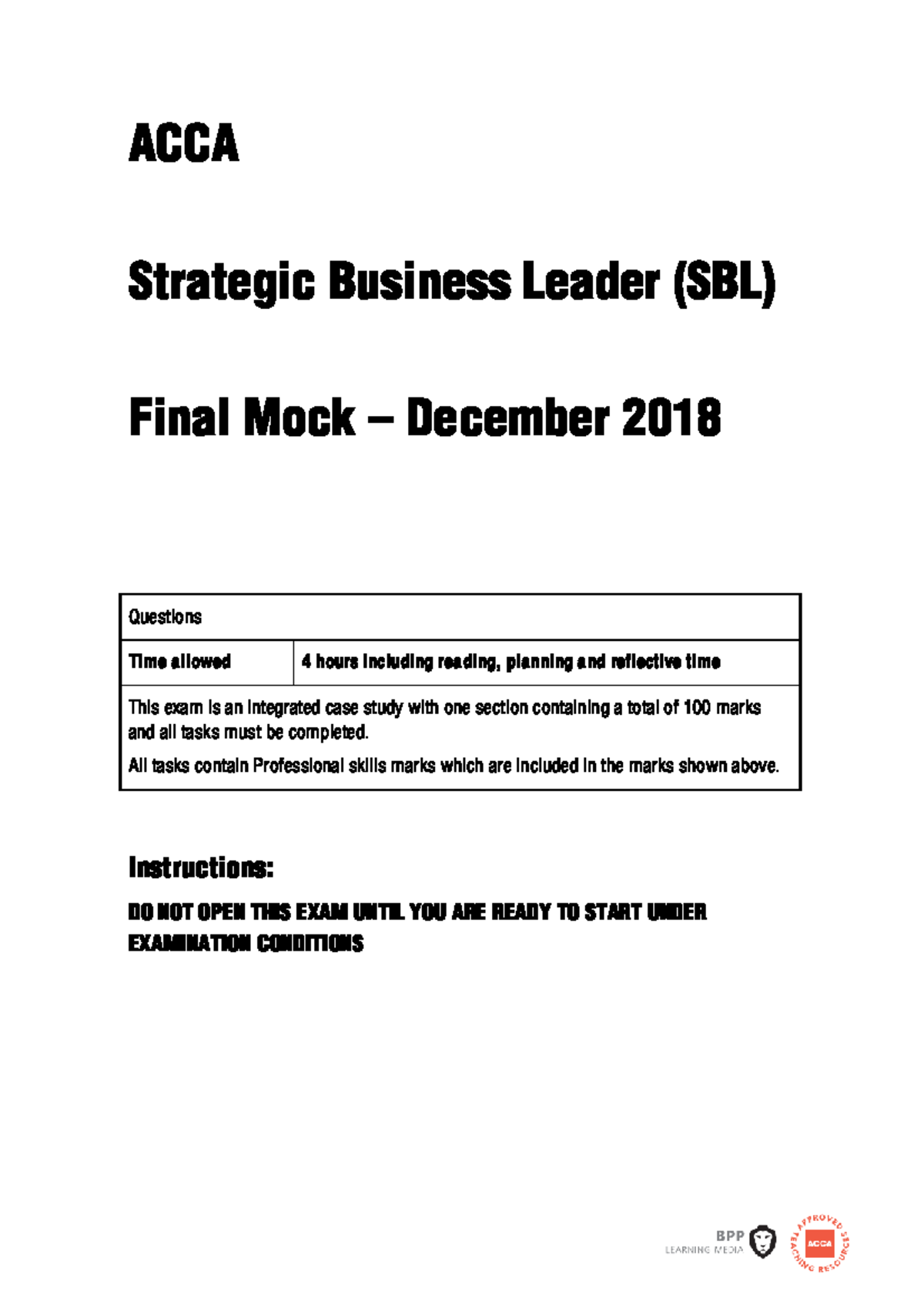 ACCA SBL Final Mock Exam December 2018: Integrated Case Study Questions ...