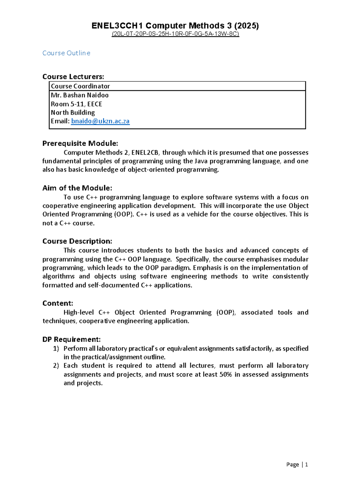 Course Outline for Computer Methods 3 (ENEL3CC H1) 2025 - Studocu