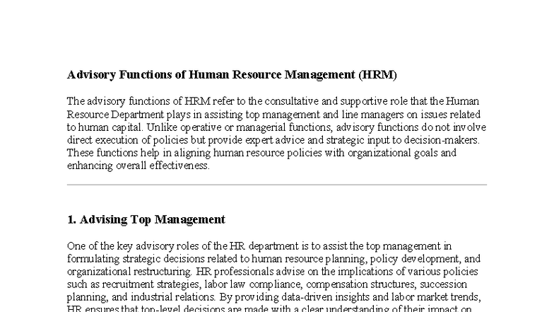 Advisory Functions in HRM: Strategic Support for Management - Studocu