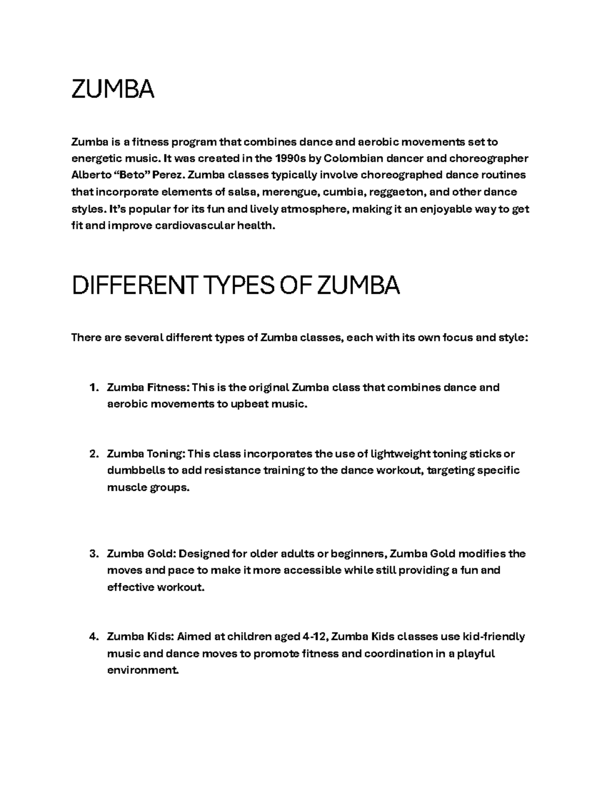 ZUMBA Exam Study Guide: Types and Benefits of Zumba Classes - Studocu