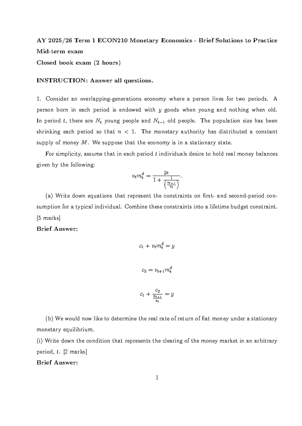 ECON210 Term 1 Midterm Exam Brief Solutions 2025-26 - Studocu
