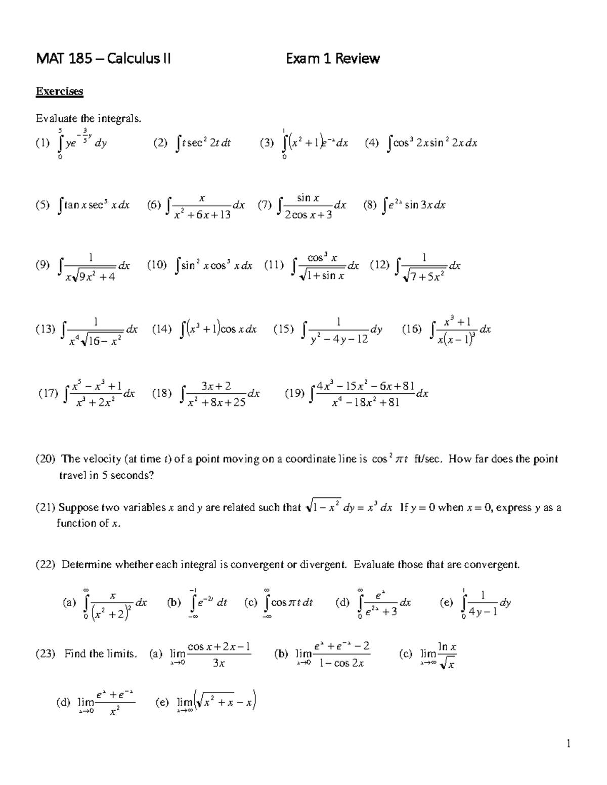 MAT 185 – Calculus II Exam 1 Review Solutions - Studocu