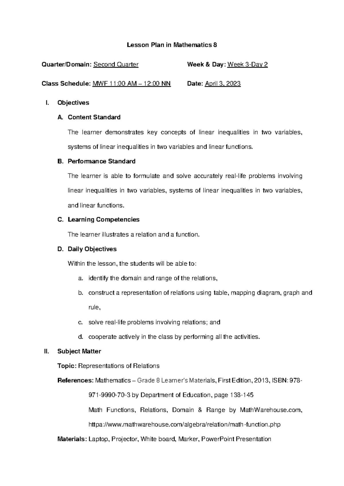 Lesson Plan 4 - Understanding Relations & Functions in Math 8 - Studocu