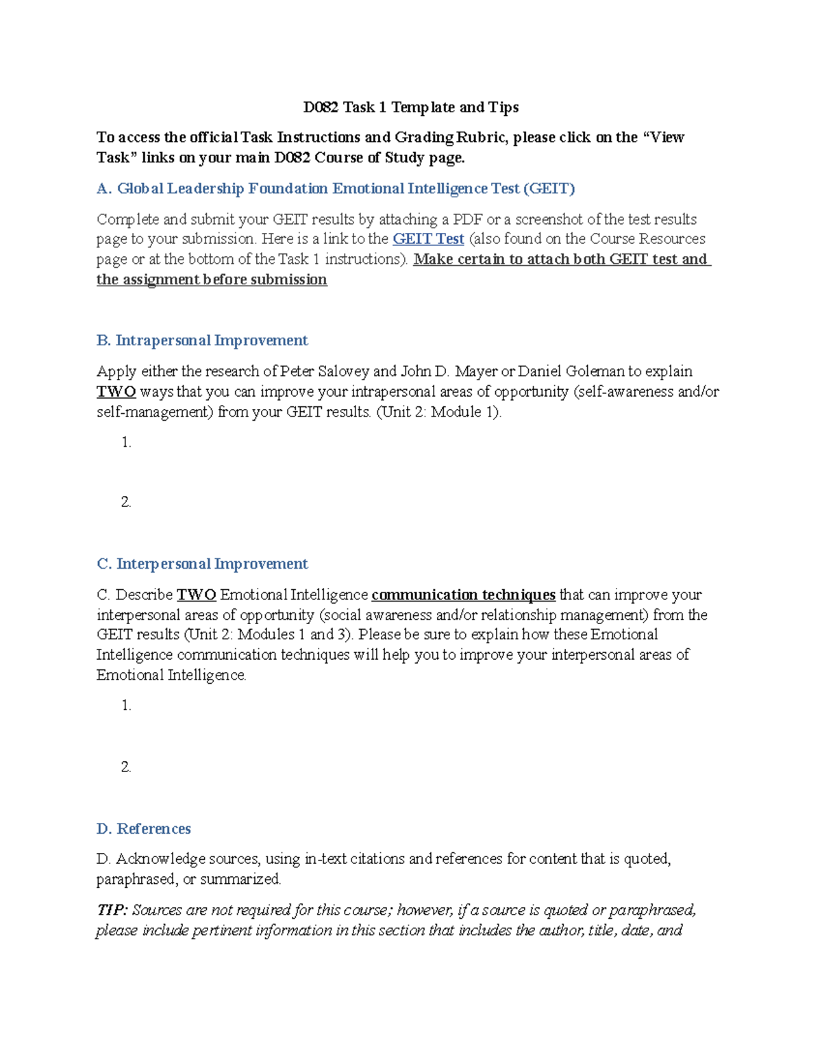 D082 Task 1 Template and Tips - A. Global Leadership Foundation ...
