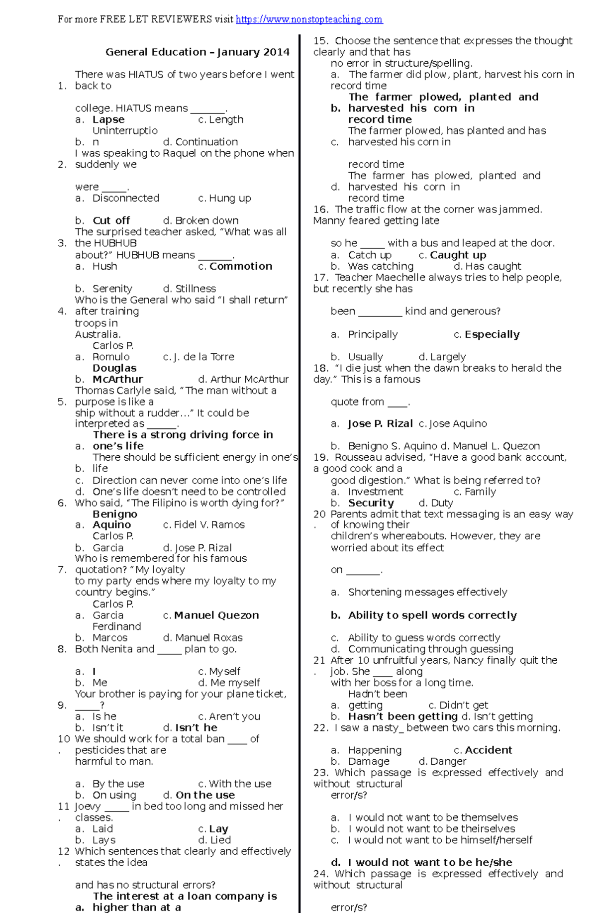 900 Questions Gen ED - General Education – January 2014 Choose the ...