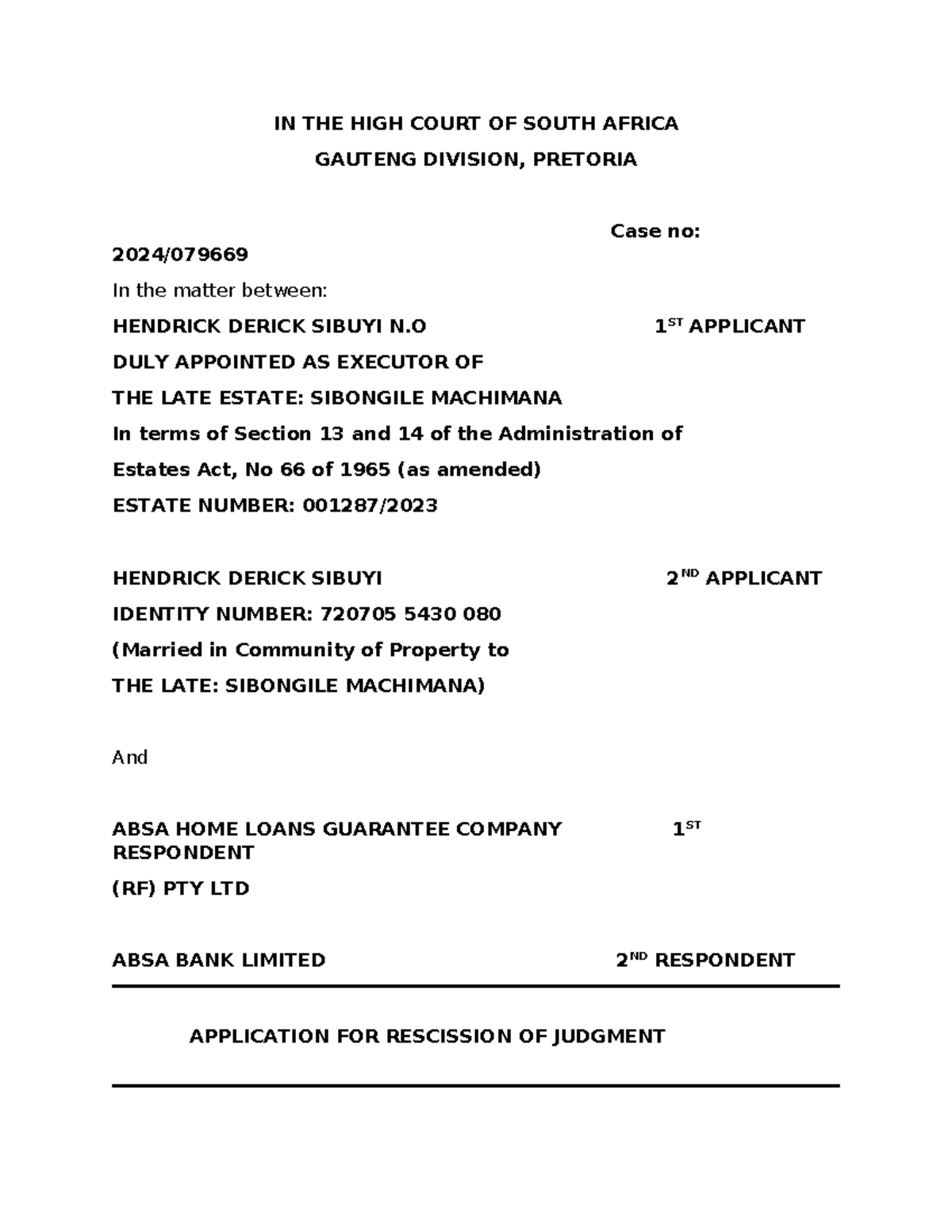 Application for Rescission of Judgment - Case No: [Insert Case No ...
