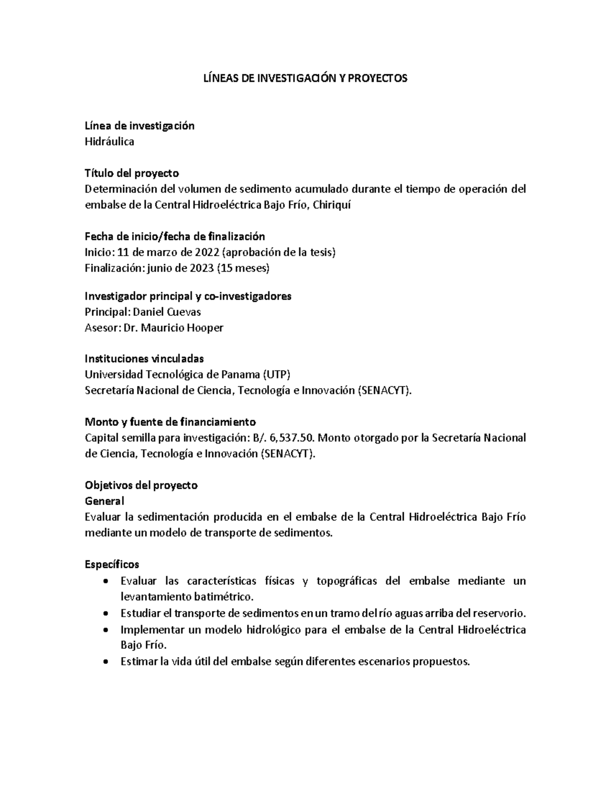 Investigación y Proyectos: Sedimentación en Embalse B. Frío - Document Preview