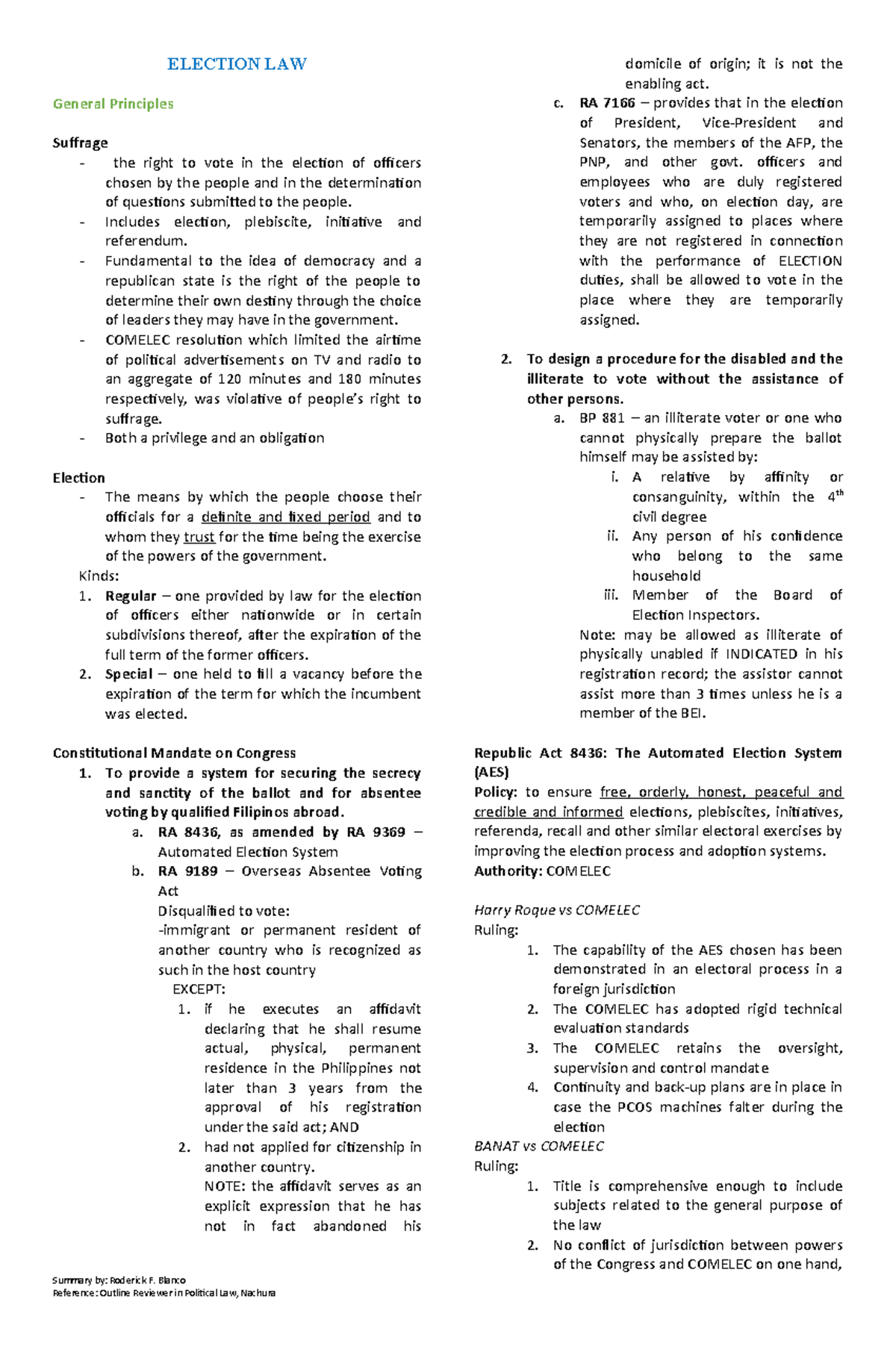 Election law principles and suffrage rights in the Philippines - Studocu