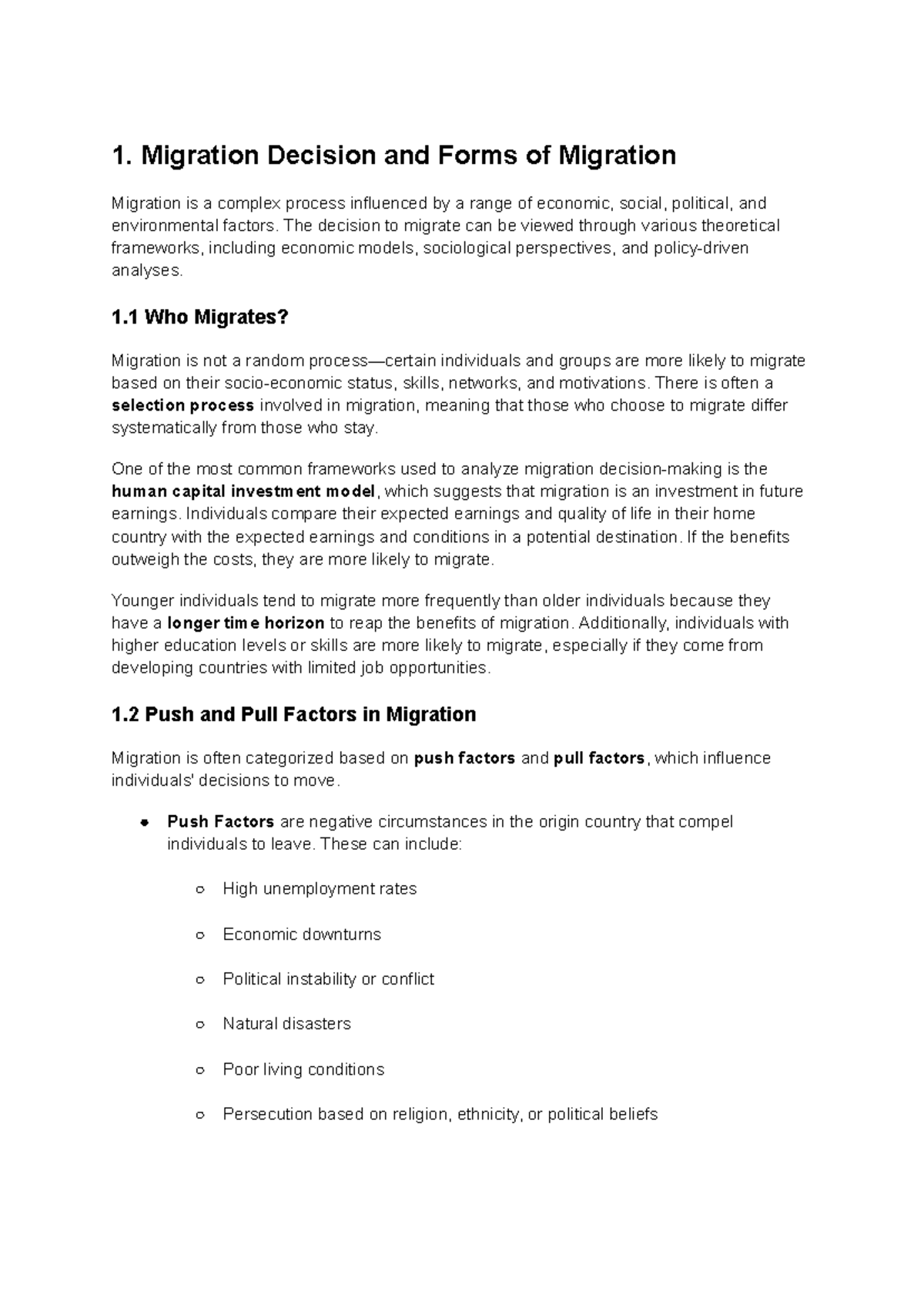Notes Migration Economics V2 - 1. Migration Decision and Forms of ...