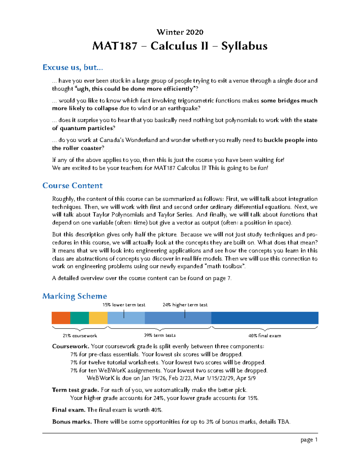 Winter 2020 MAT187 Calculus II Course Syllabus and Overview - Studocu