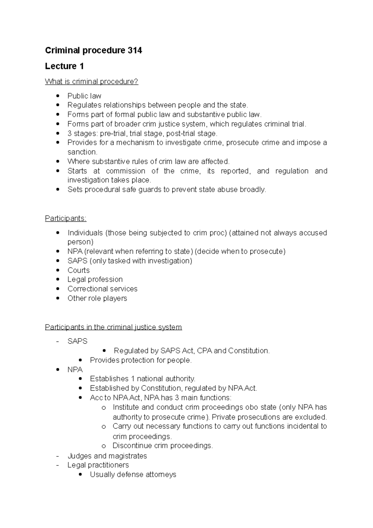 Criminal Procedure 314: Comprehensive Lecture Notes and Insights - Studocu