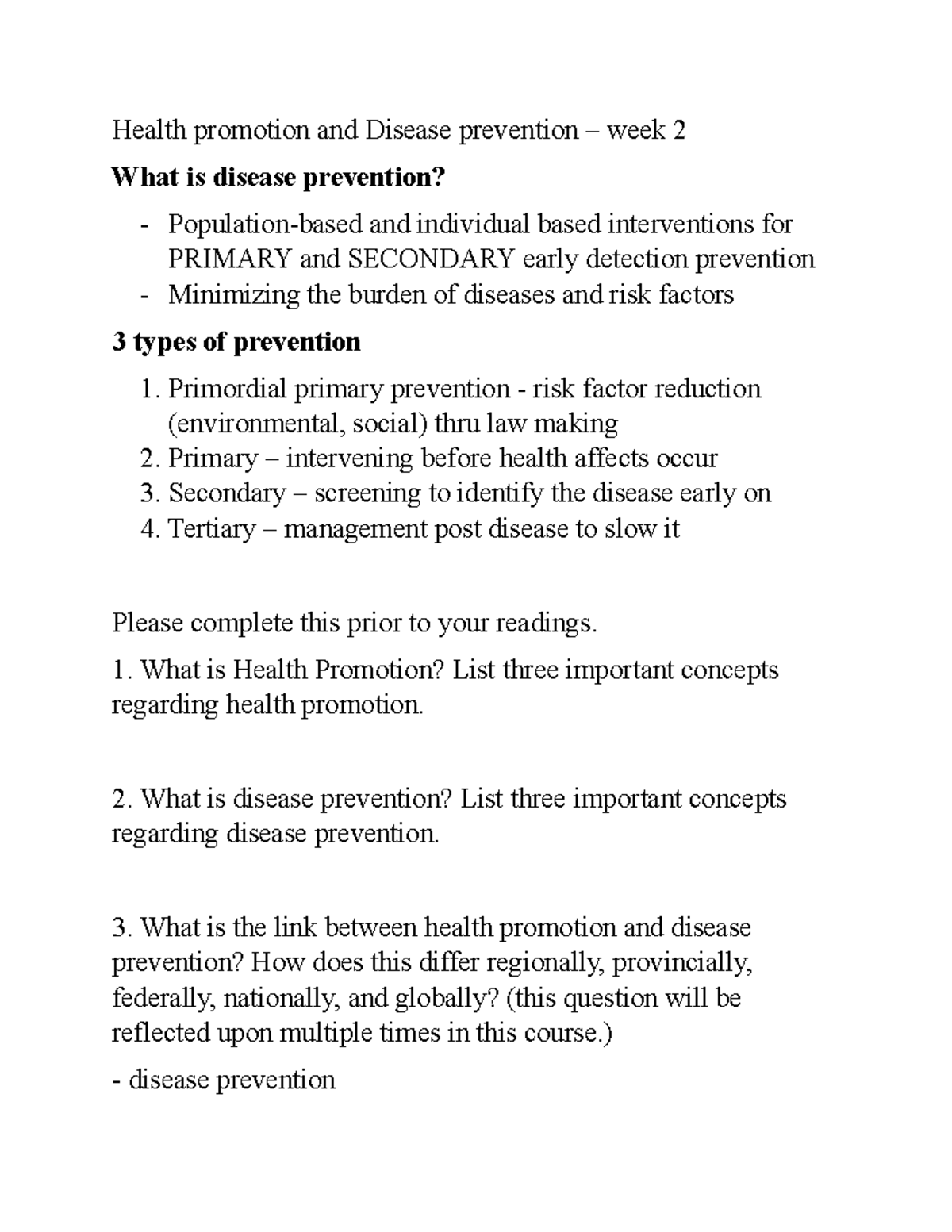 HSS3108 Week 2: Health Promotion & Disease Prevention Overview - Studocu