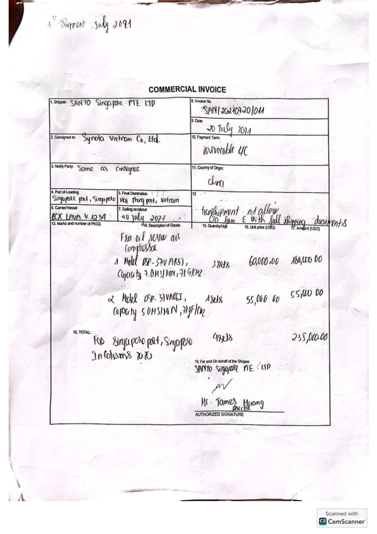 July 2091 Commercial Invoice - SANYO Singapore PTE LTD - Studeersnel