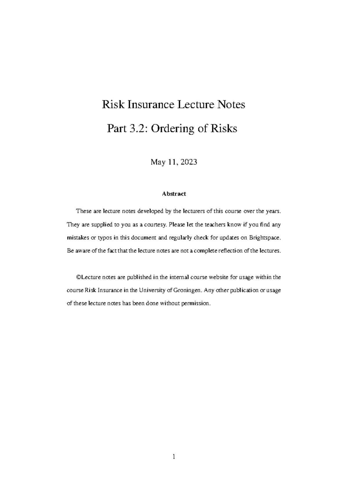 Risk Insurance Lecture Notes: Part 3.2 - Ordering of Risks and Concepts ...