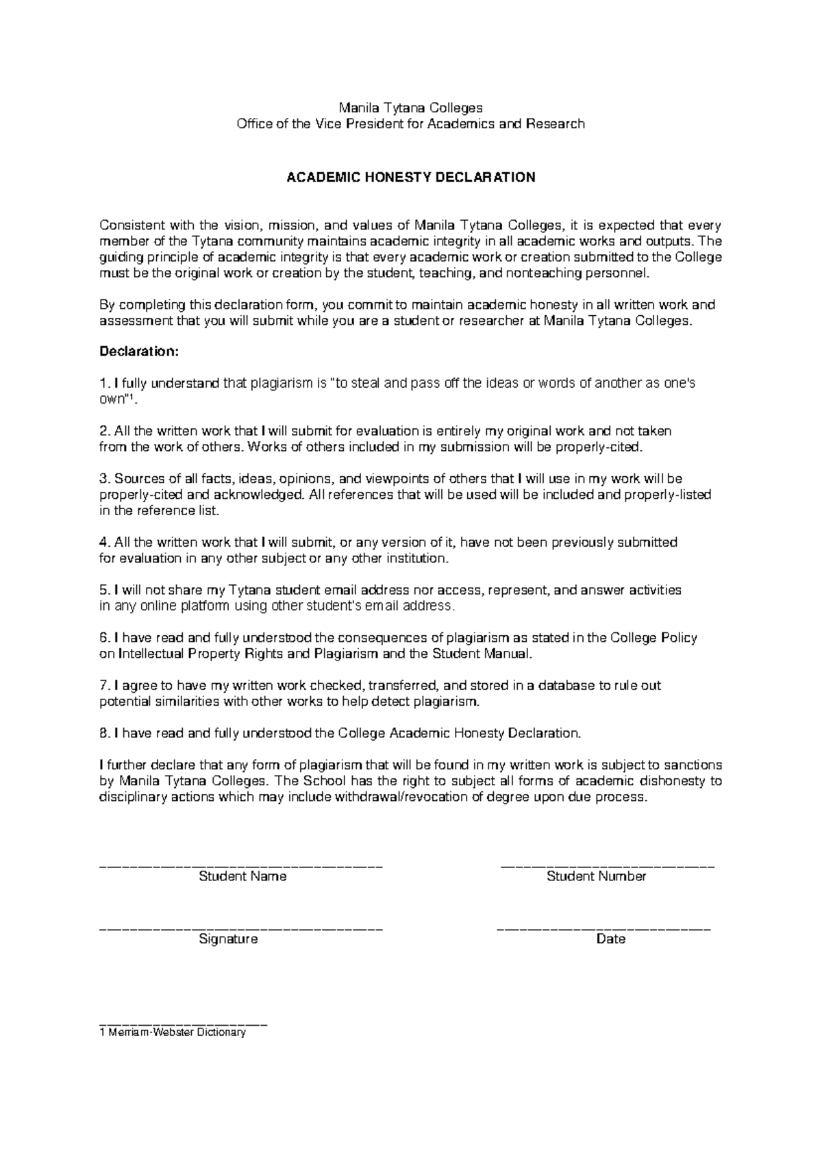 Manila Tytana Colleges Academic Honesty Declaration Form - Studocu