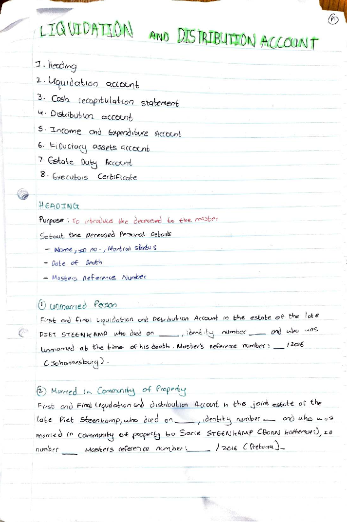 First and Final Liquidation and Distribution Account Notes (Course Code ...